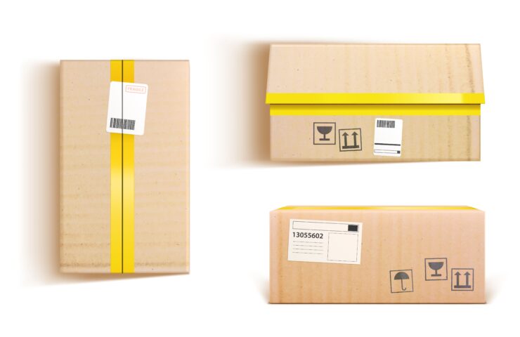 Cardboard boxes 3d vector mockup, cargo or parcel