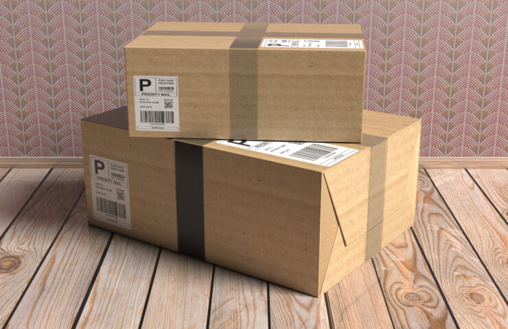 Parcels with label sticker closed and sealed on wooden floor background, 3d illustration