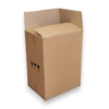 Tall brown cardboard box with its top flaps open, standing upright on a white background.