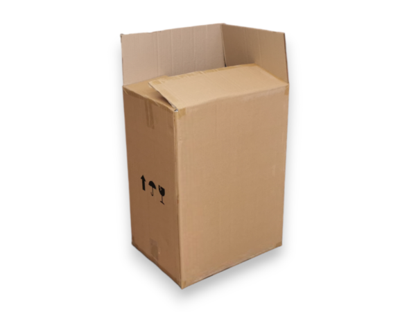 Tall brown cardboard box with its top flaps open, standing upright on a white background.