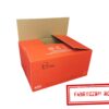 Open orange cardboard box with the lid propped up, white background visible, packaging text and stamp on the box.