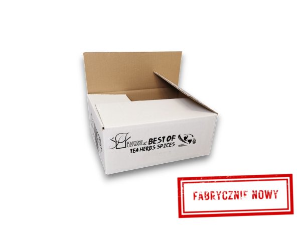 Cardboard shipping box with printed label reading 'Herbs Spices' and a red 'factory new' stamp partially visible to the right.