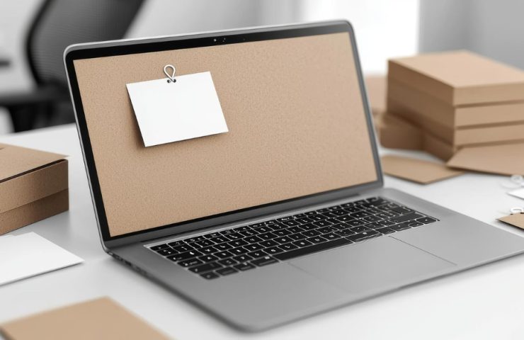 Laptop on a white desk surrounded by stacked brown cardboard boxes and blank shipping tags on a clean workspace