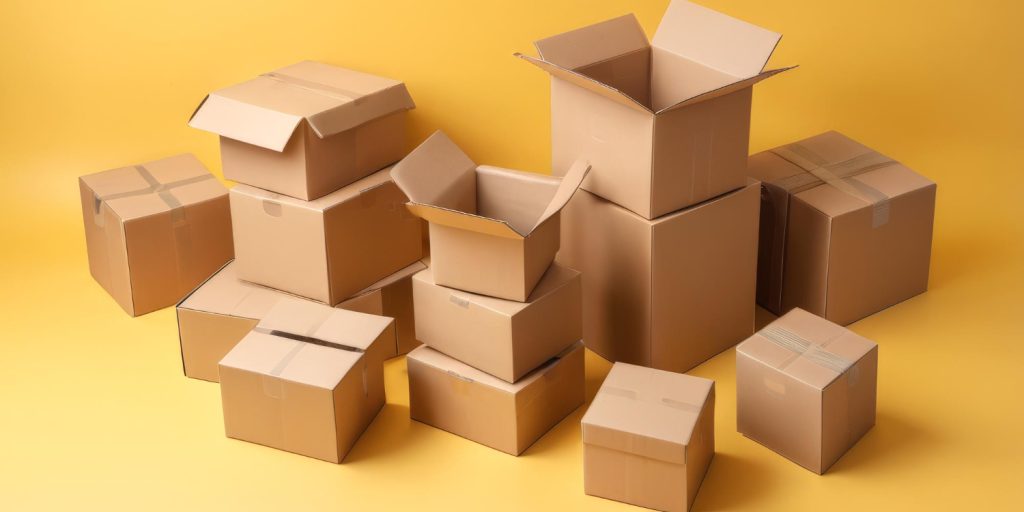 Pile of assorted cardboard boxes on a bright yellow background, with some open and others closed.