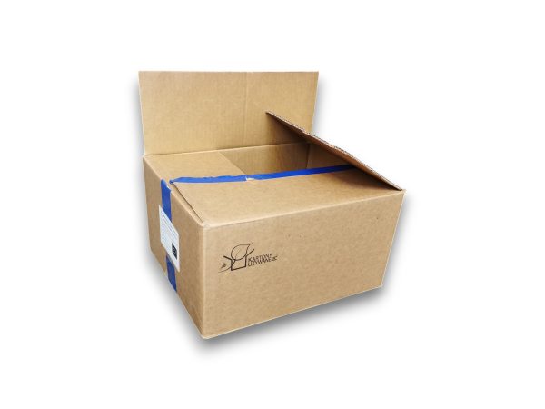 Stack of brown cardboard boxes with blue packing tape, viewed from a low angle against a white background.