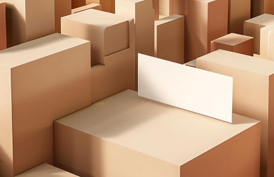 Abstract 3D cityscape of beige cuboid buildings with a large blank billboard in the foreground.
