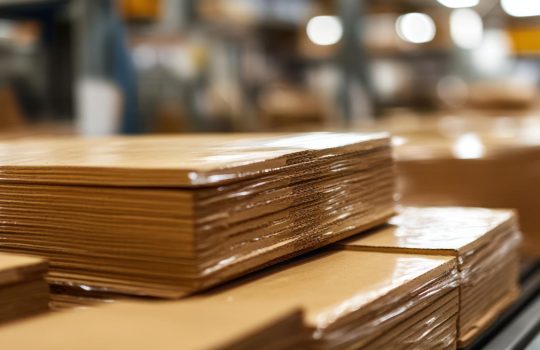 Stacks of glossy brown cardboard sheets wrapped in plastic on a warehouse conveyor.
