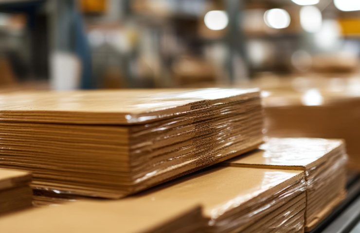 Stacks of glossy brown cardboard sheets wrapped in plastic on a warehouse conveyor.