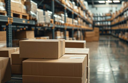 Warehouse aisle with stacked cardboard boxes on pallets and metal shelving.